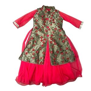 Vintage Girls Indian dress  M. Lucy coral and gold with flower embroidery